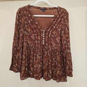 American Eagle Women's S Babydoll Top Boho Cottagecore Floral Y2K 3/4 Sleeve